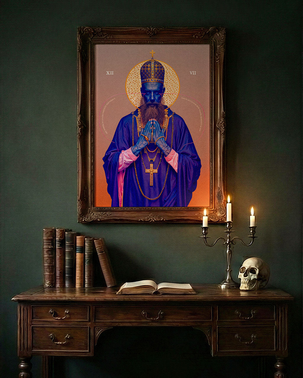 Framed artwork featuring a religious figure in prayer with bold colours