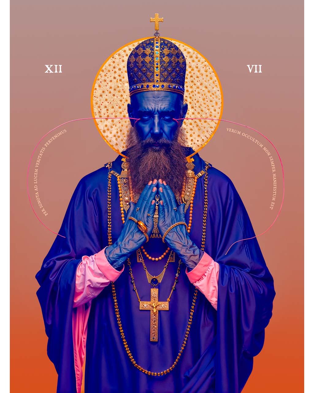 Surreal portrait of a religious figure in prayer with bold colours