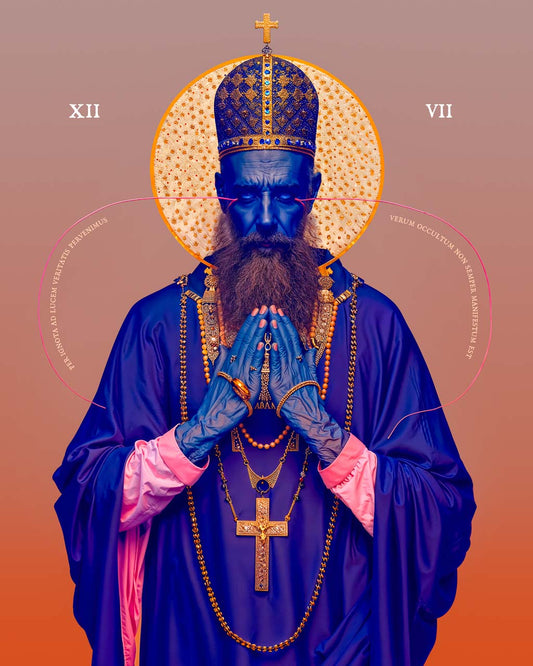 Surreal portrait of a religious figure in prayer with bold colours