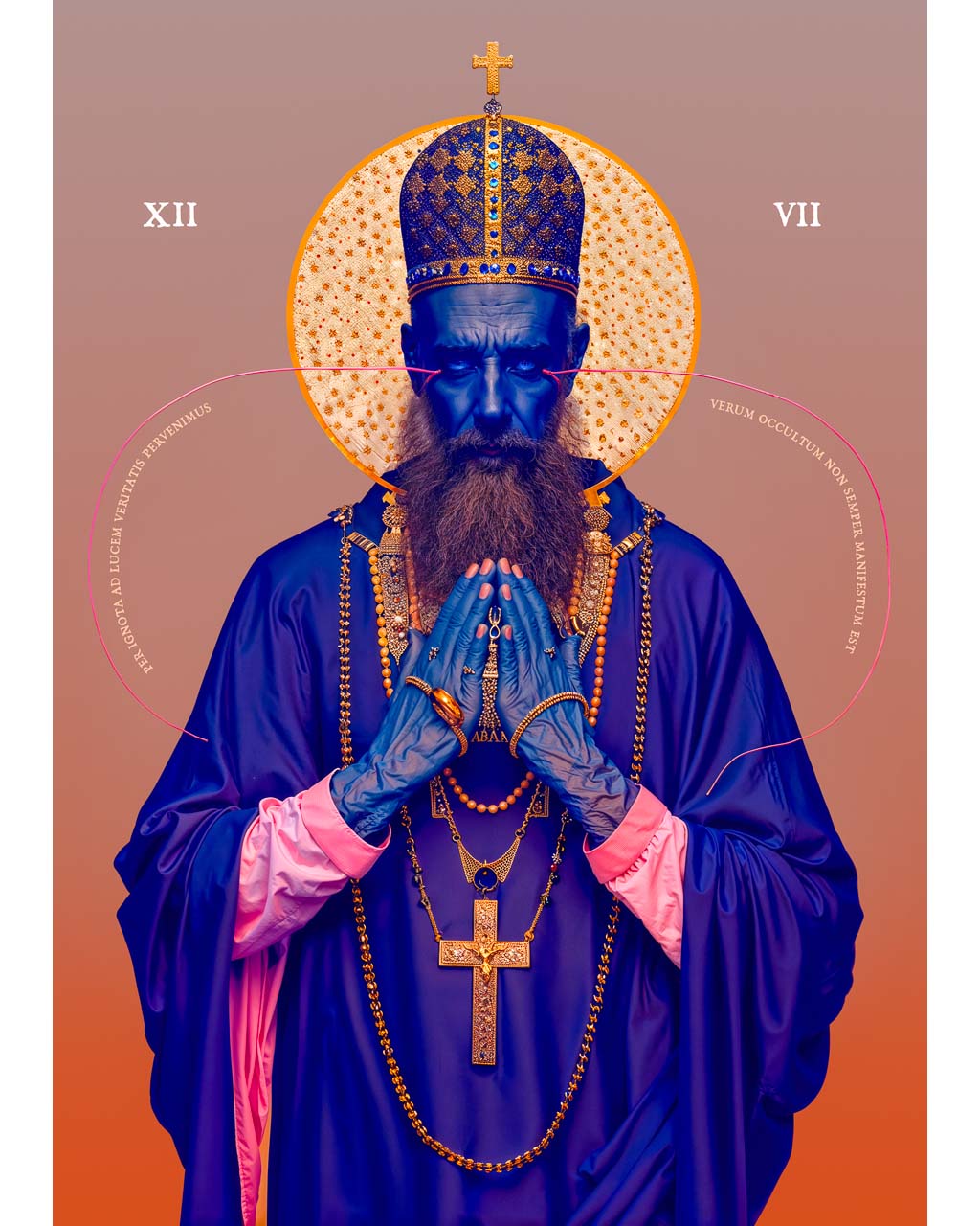 Surreal portrait of a religious figure in prayer with bold colours