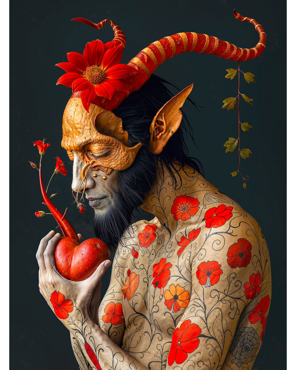 Surreal devil figure holding a red heart-shaped fruit, adorned with flowers.