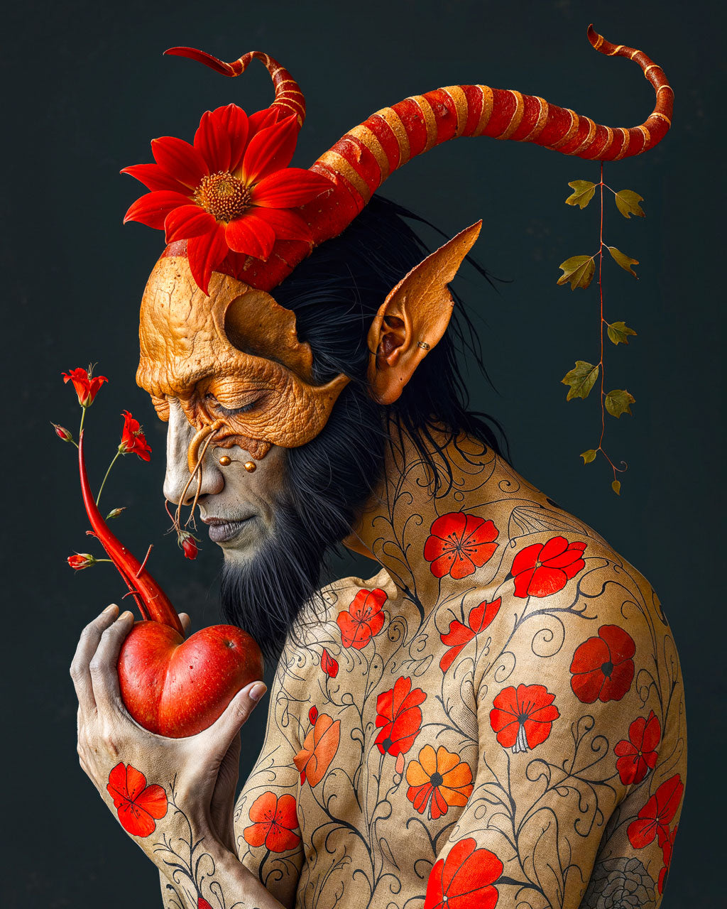 Surreal devil figure holding a red heart-shaped fruit, adorned with flowers.