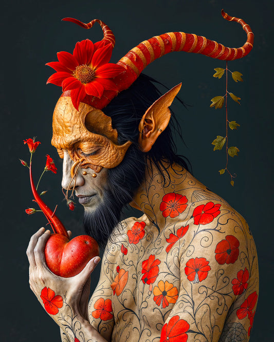 Surreal devil figure holding a red heart-shaped fruit, adorned with flowers.