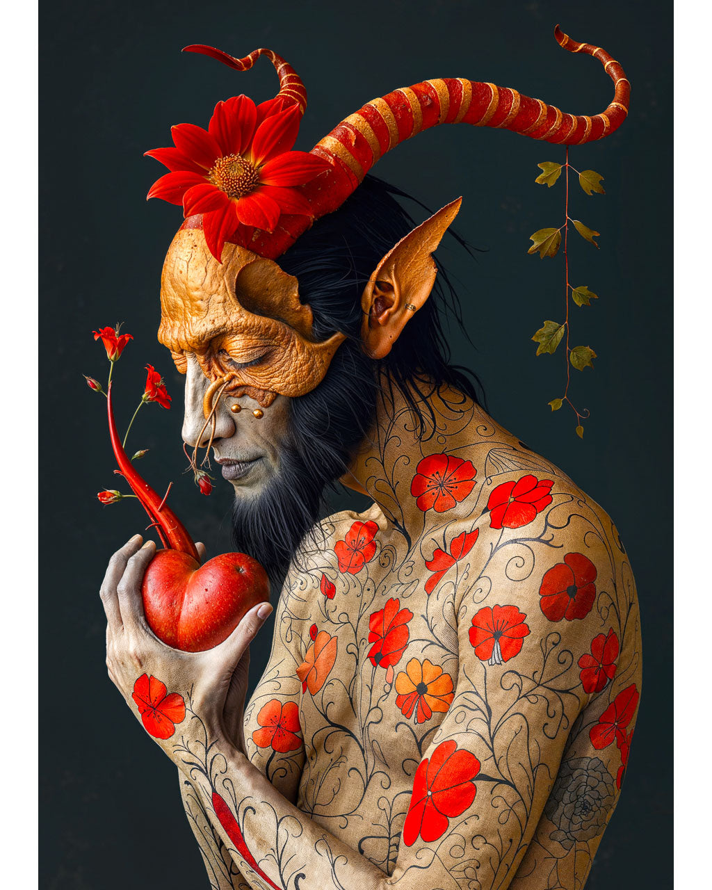 Surreal devil figure holding a red heart-shaped fruit, adorned with flowers.