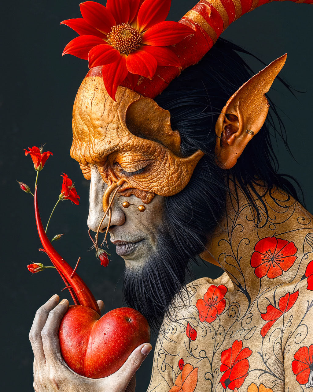 Closeup of a surreal devil figure holding a red heart-shaped fruit.