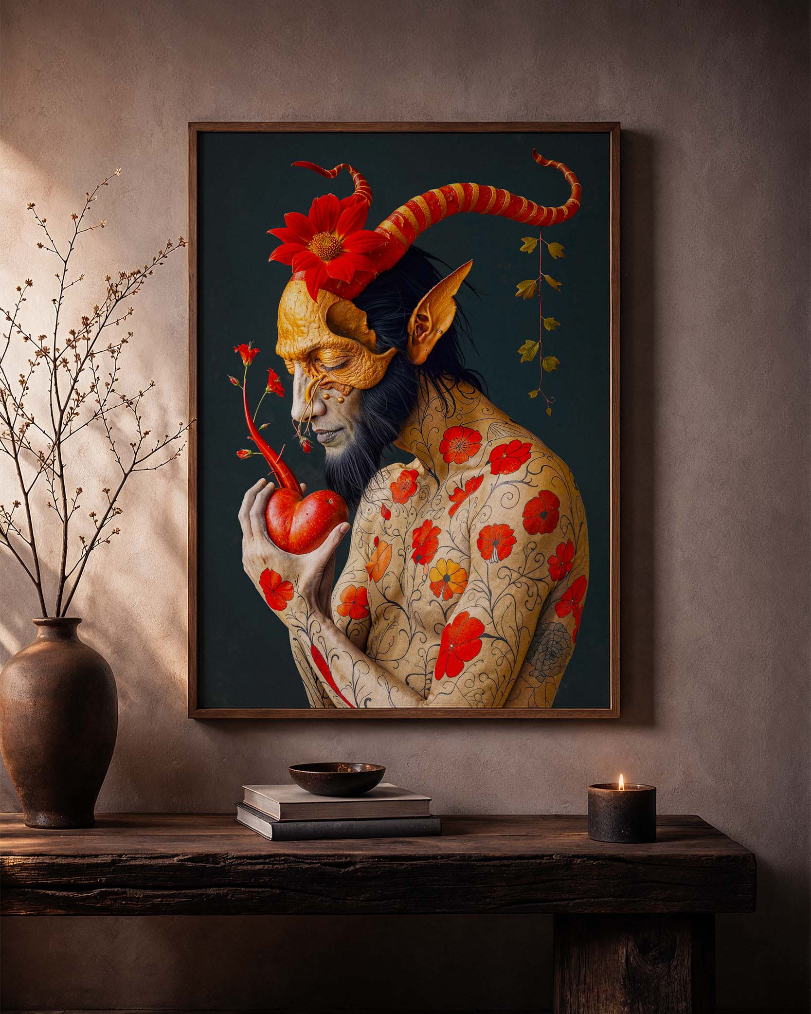 Framed surreal devil art poster on a textured wall above a rustic wooden table.