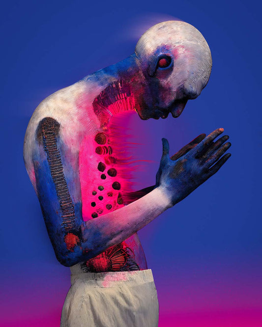 Surreal portrait of a praying hybrid figure glowing from within, symbolising blind devotion and inner conflict, with intricate details.