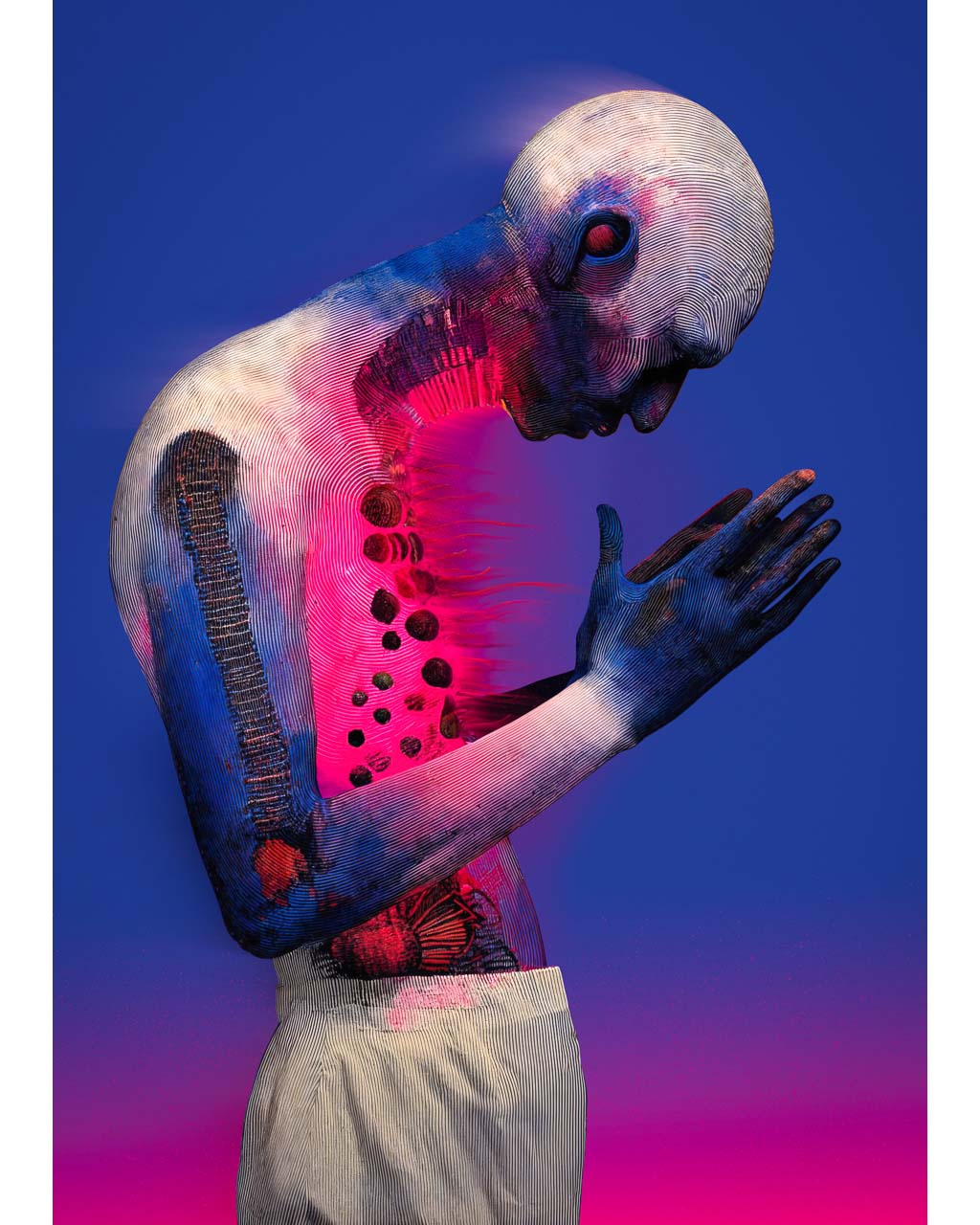 Surreal portrait of a praying hybrid figure glowing from within, symbolising blind devotion and inner conflict, with intricate details.