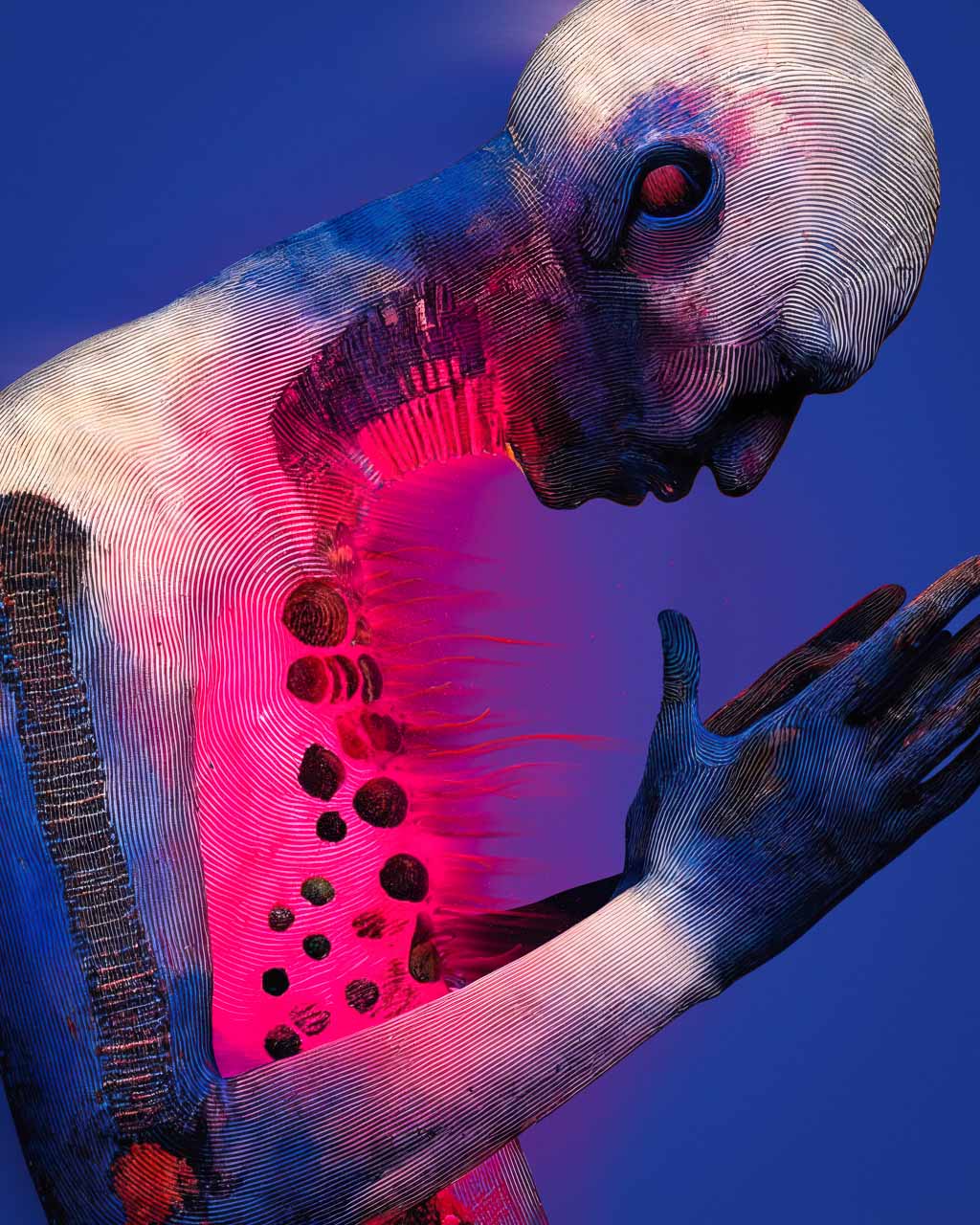 A cropped closeup of a glowing hybrid figure in a prayer pose