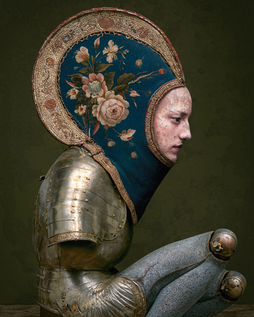 Close-up of a surreal armoured figure with a floral embroidered headpiece