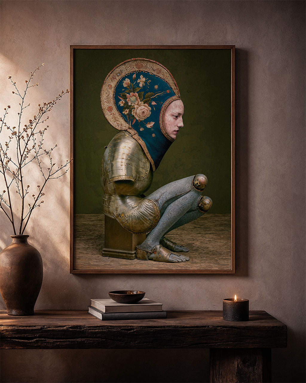 Disarmed surreal art poster displayed in a warm, rustic interior
