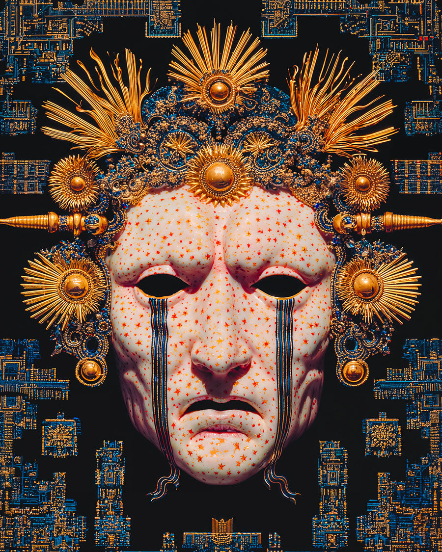 Ornate white ceremonial mask with gold halo elements and blue circuitry patterns on a dark background.