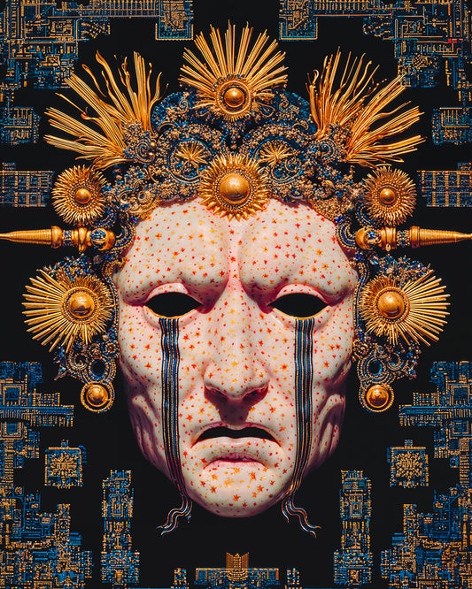 Ornate white ceremonial mask with gold halo elements and blue circuitry patterns on a dark background.