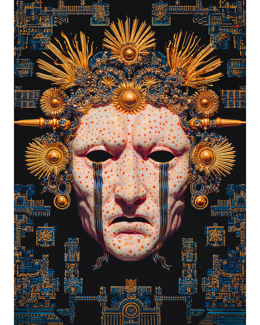 Ornate white ceremonial mask with gold halo elements and blue circuitry patterns on a dark background.