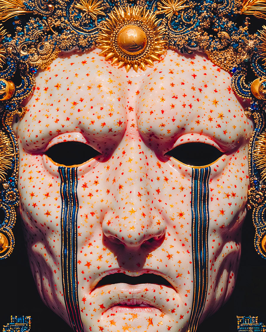 Closeup of the ceremonial mask face with intricate details, gold ornaments, and star-like markings across the surface.
