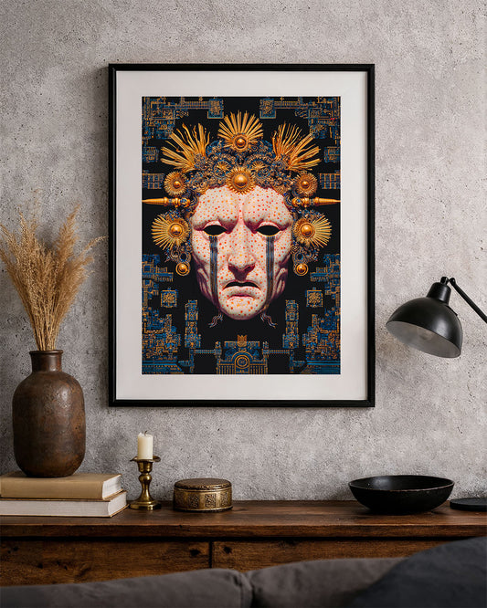 Divine Algorithm poster hanging in a black frame above a wooden console table in a neutral interior.