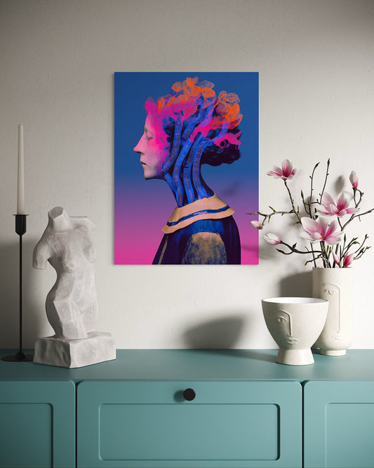 Colorful abstract art of a woman's profile on a wall above a teal cabinet with decorative items.