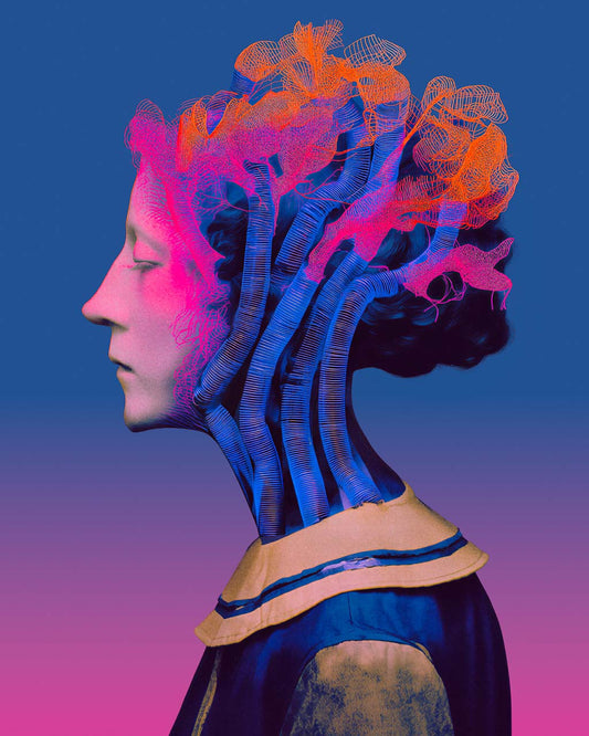 Artistic depiction of a person with futuristic, wireframe-style hair against a gradient background