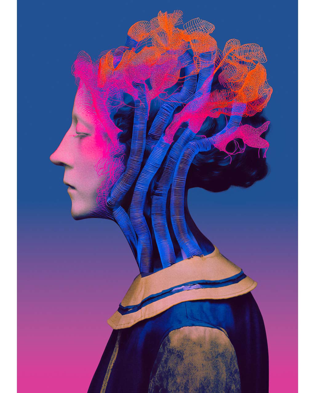 Artistic depiction of a person with futuristic, wireframe-style hair against a gradient background