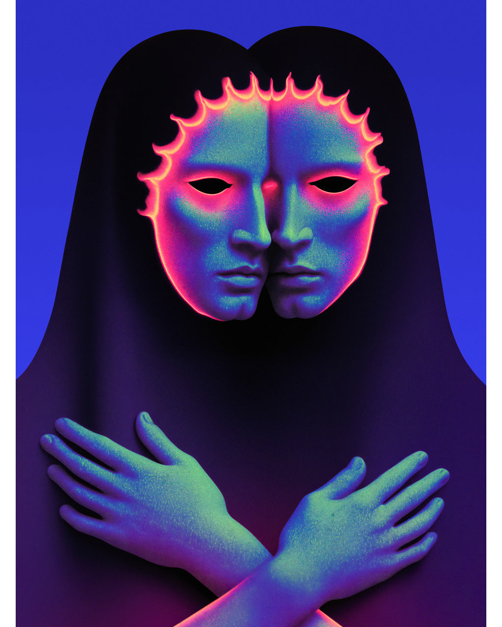 Surreal artwork featuring two fused faces with glowing neon colours and crossed hands, exploring themes of identity and inner conflict.