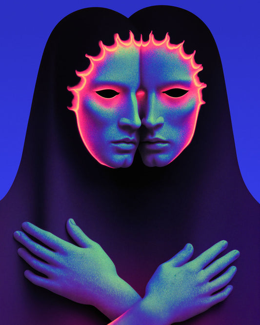 Surreal artwork featuring two fused faces with glowing neon colours and crossed hands, exploring themes of identity and inner conflict.
