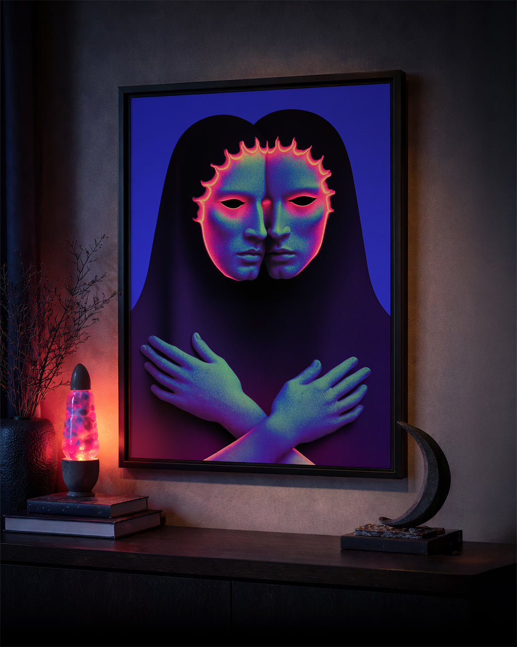 Framed surreal art poster on a dark wall above a console table with a lava lamp and decorative objects.