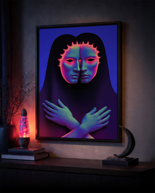 Framed surreal art poster on a dark wall above a console table with a lava lamp and decorative objects.