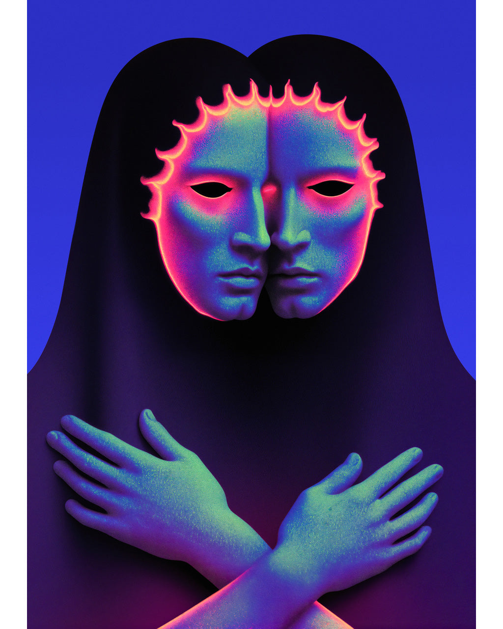 Surreal artwork featuring two fused faces with glowing neon colours and crossed hands, exploring themes of identity and inner conflict.