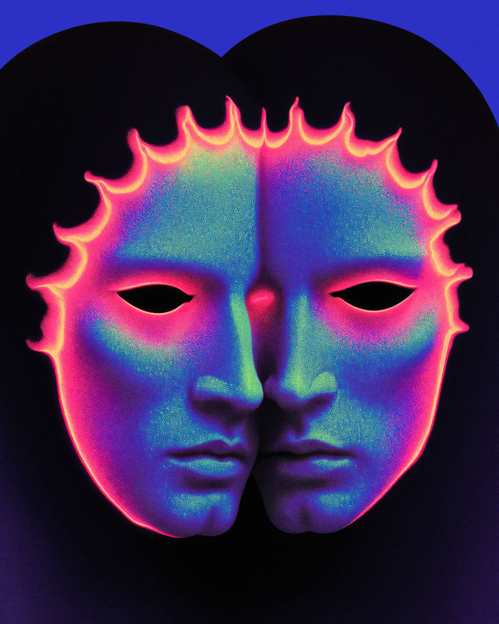Closeup of a surreal portrait featuring two fused faces with glowing neon colours and mask-like eyes.