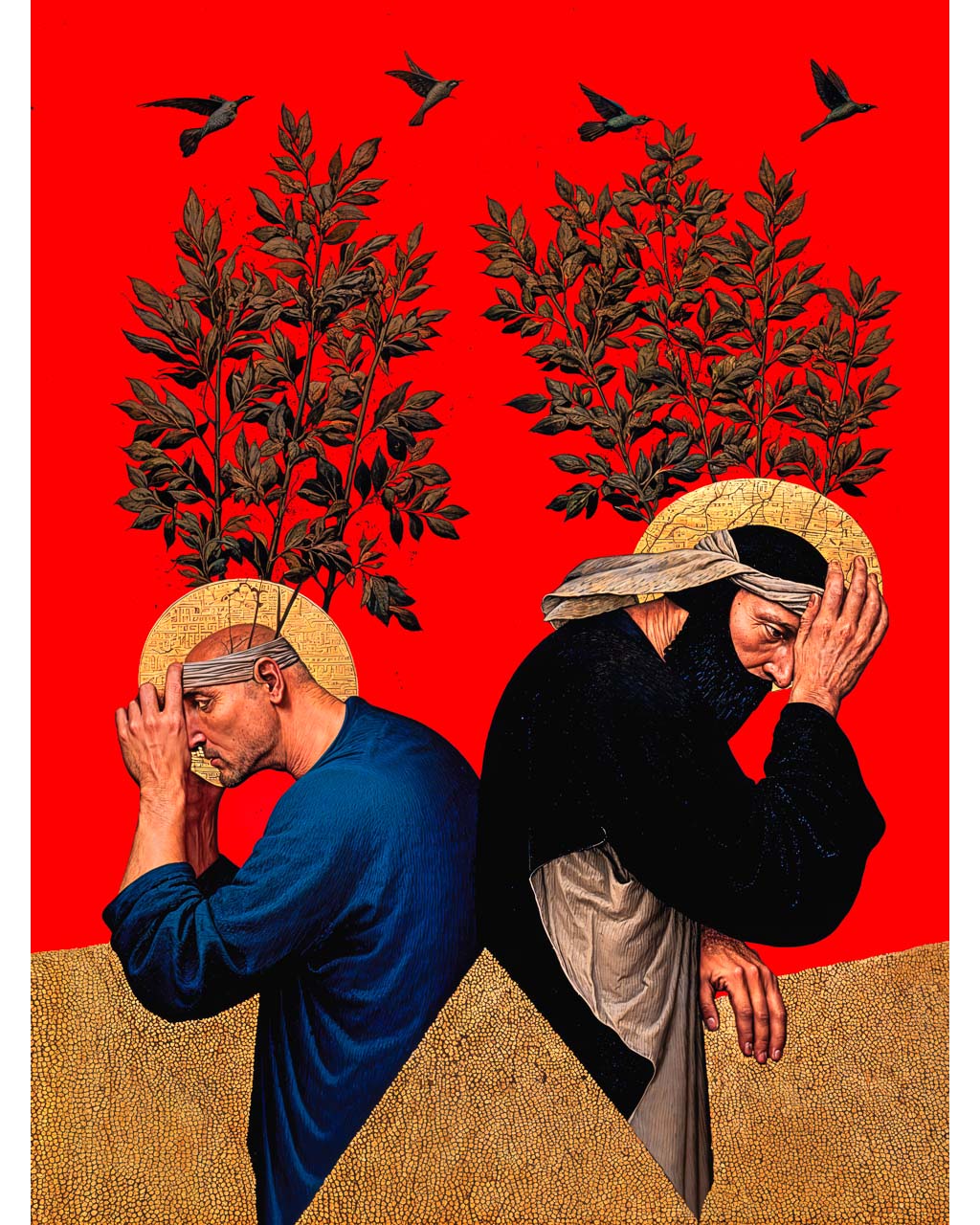 Two men sitting back to back with trees growing from their heads against a red background with birds overhead