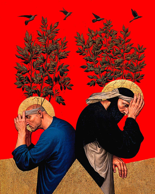 Two men sitting back to back with trees growing from their heads against a red background with birds overhead