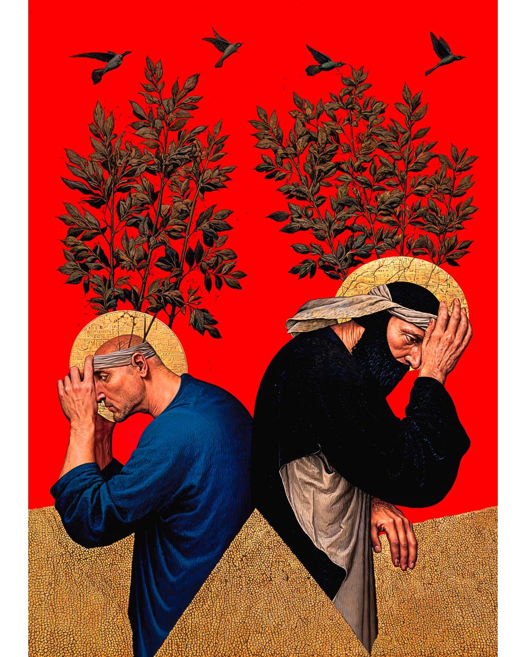 Two men sitting back to back with trees growing from their heads against a red background with birds overhead