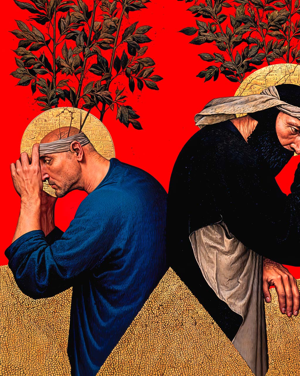Closeup image of men sitting back to back with trees growing from their heads against a red background with birds overhead
