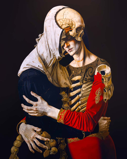 A dramatic surreal art poster showing two figures in a final embrace,