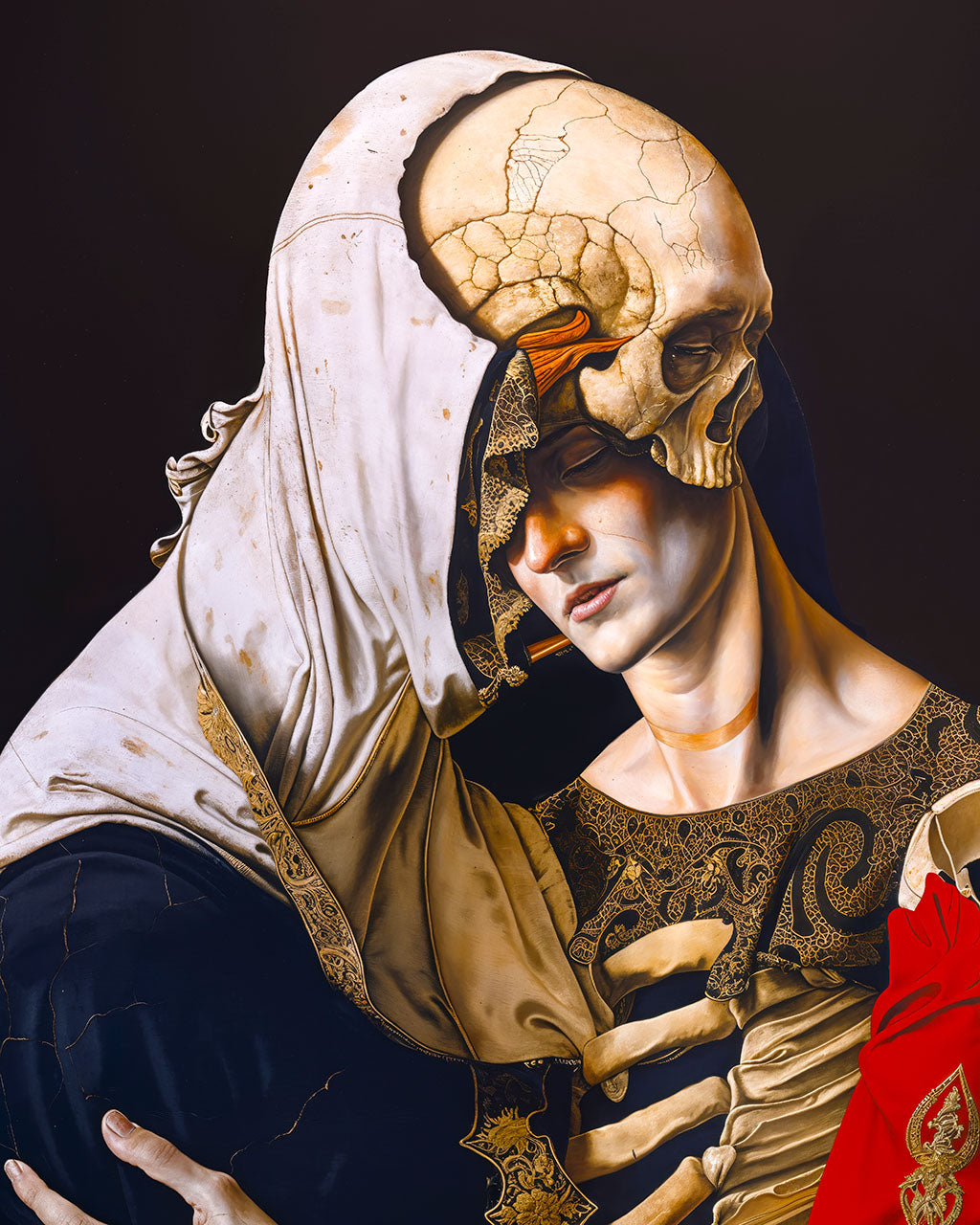 Closeup of the surreal art poster with two figures embracing.