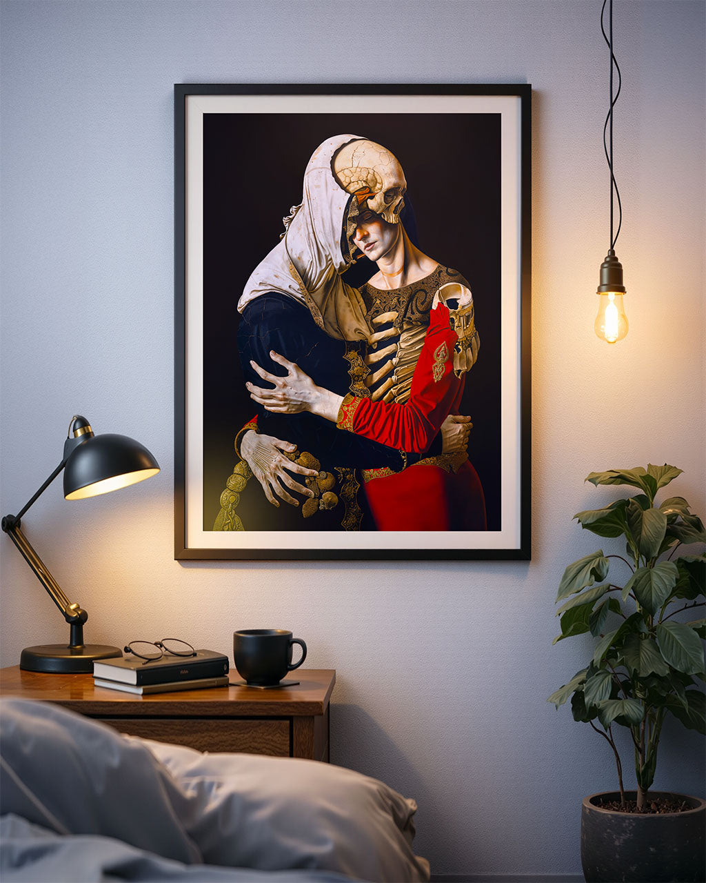 Framed surreal art poster hanging on the wall in a modern bedroom.