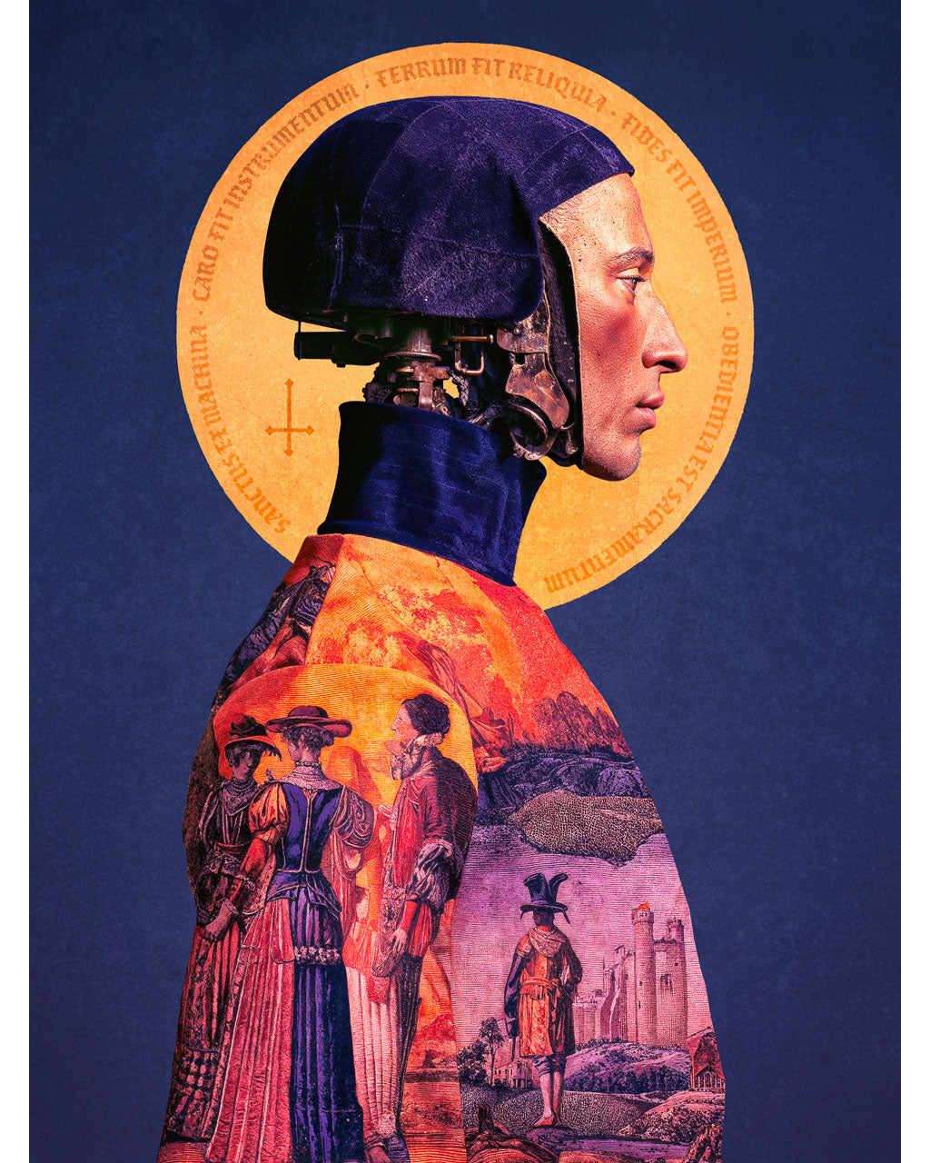 Surreal profile portrait with a mechanical head, golden halo and ornate robe with intricate details.
