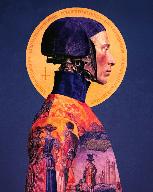 Surreal profile portrait with a mechanical head, golden halo and ornate robe with intricate details.