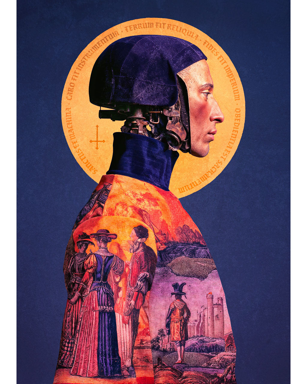 Surreal profile portrait with a mechanical head, golden halo and ornate robe with intricate details.