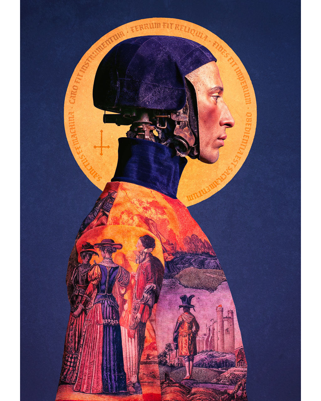 Surreal profile portrait with a mechanical head, golden halo and ornate robe with intricate details.