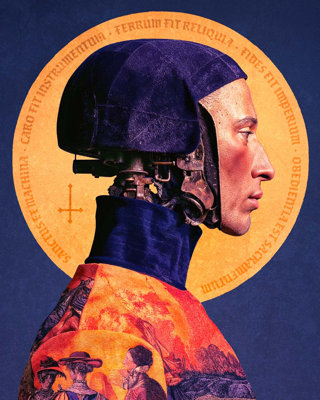 Close-up of a surreal mechanical saint figure with a golden halo and exposed machinery.