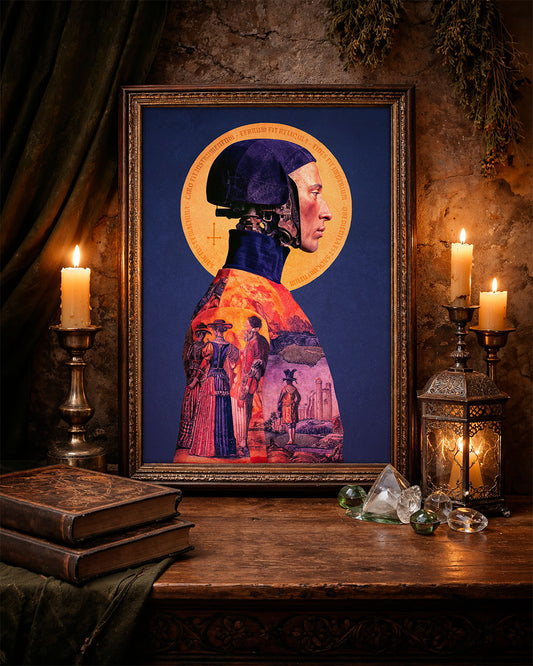 Framed Sanctum ex Machina poster displayed in a dark candlelit room.