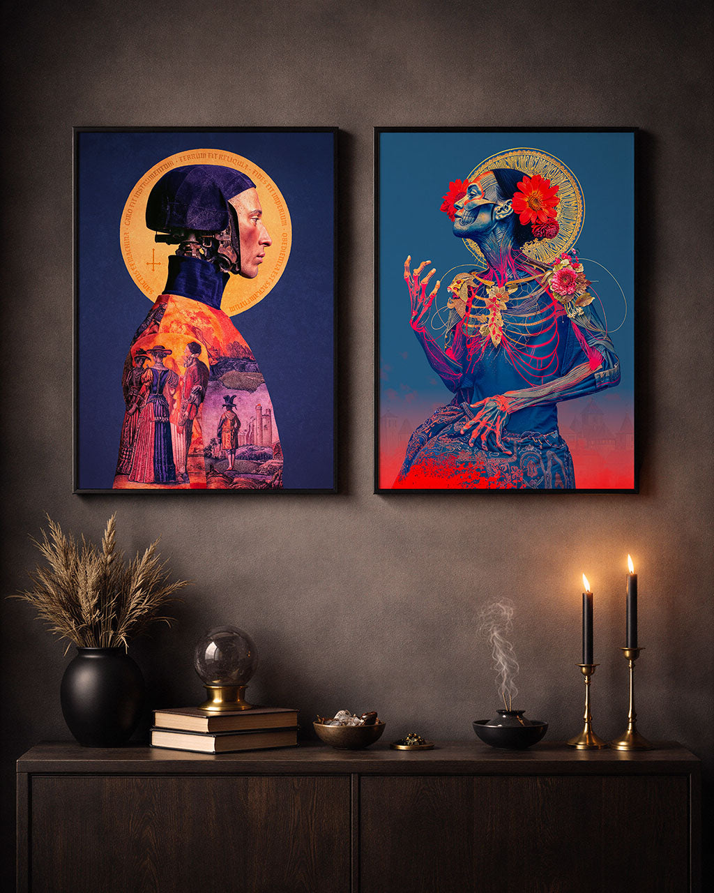 Two framed surreal art posters displayed side by side on a dark wall above candles and decor.