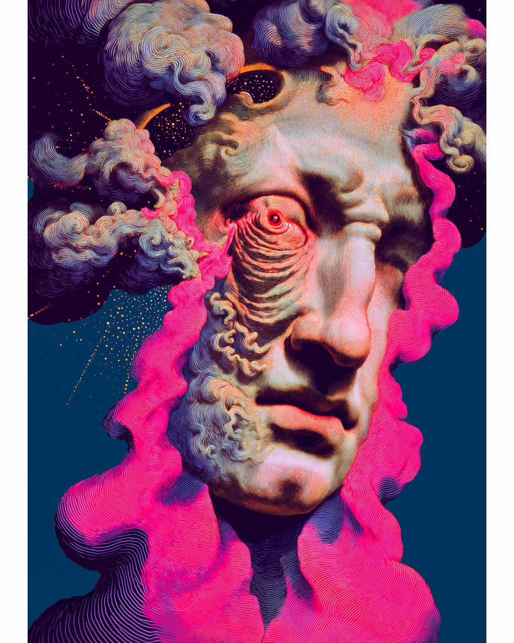 Artistic depiction of a face with a red eye surrounded by colorful abstract elements on a dark blue background.