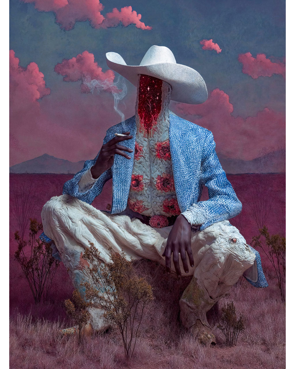 Faceless figure in a cowboy hat sitting in a pink valley under surreal clouds