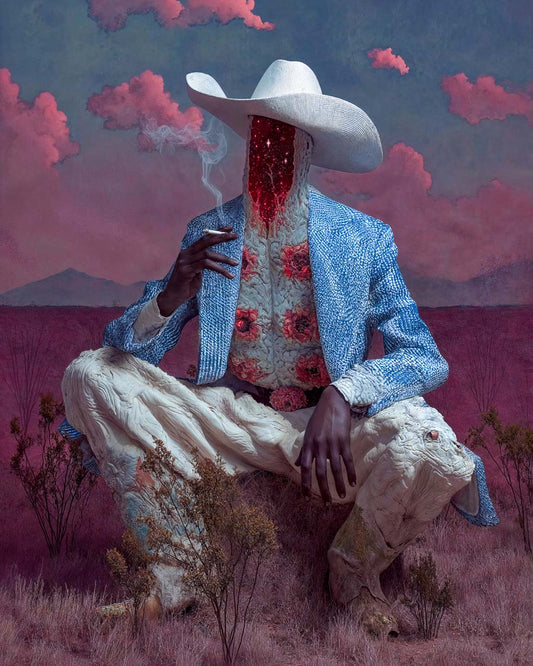 Faceless figure in a cowboy hat sitting in a pink valley under surreal clouds