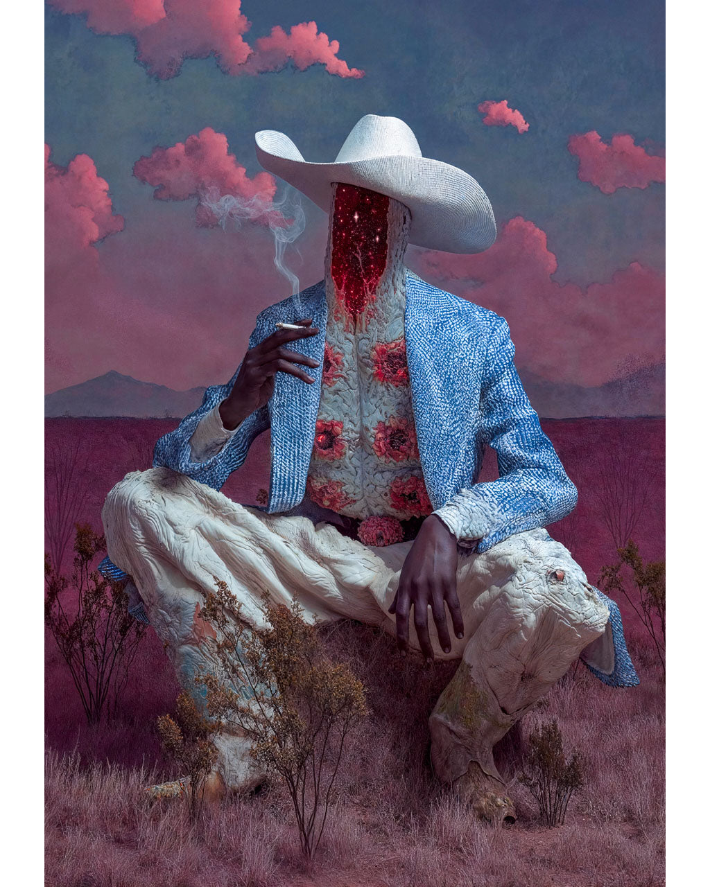 Faceless figure in a cowboy hat sitting in a pink valley under surreal clouds