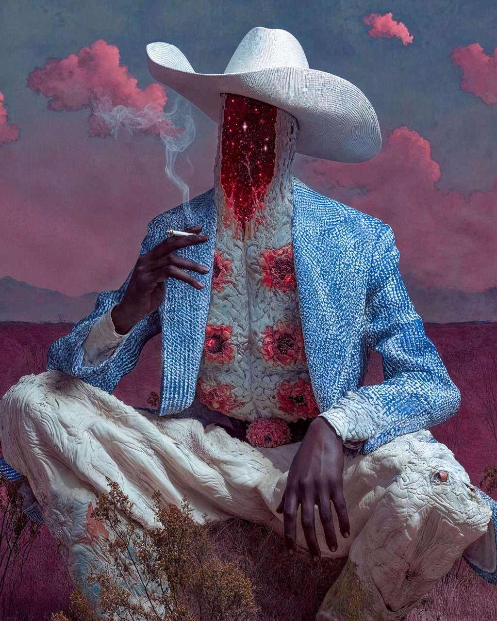 Closeup of a faceless figure in a cowboy hat sitting in a pink valley under surreal clouds