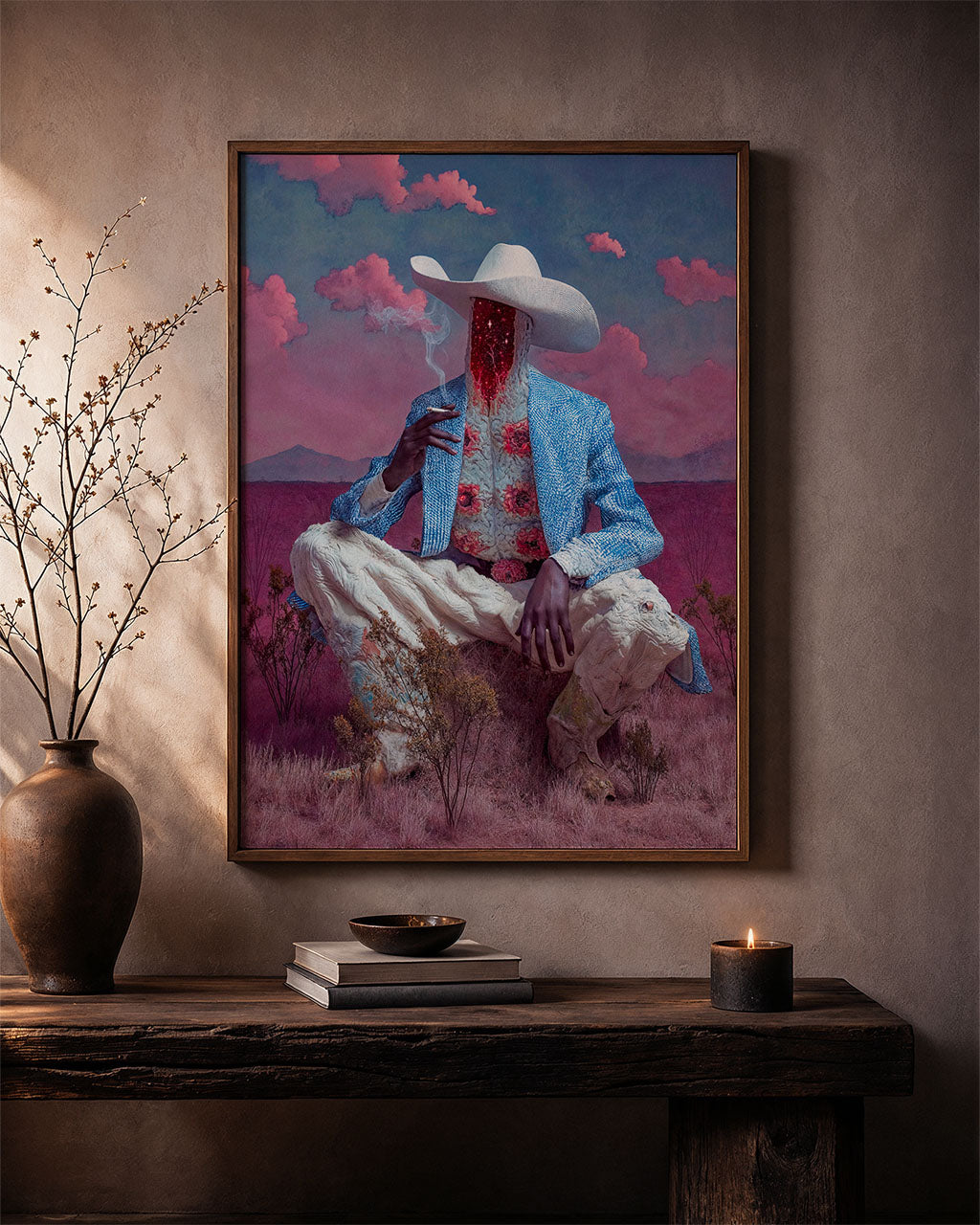 Surreal art poster hanging on the wall in a modern interior