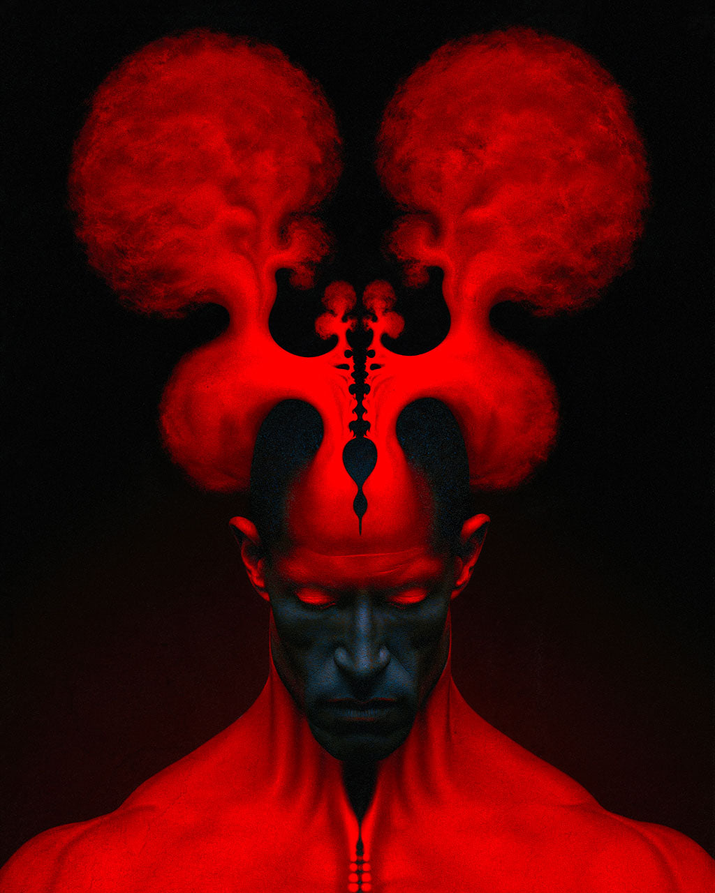 False Symmetry – A surreal art print featuring a red human figure with abstract organic forms